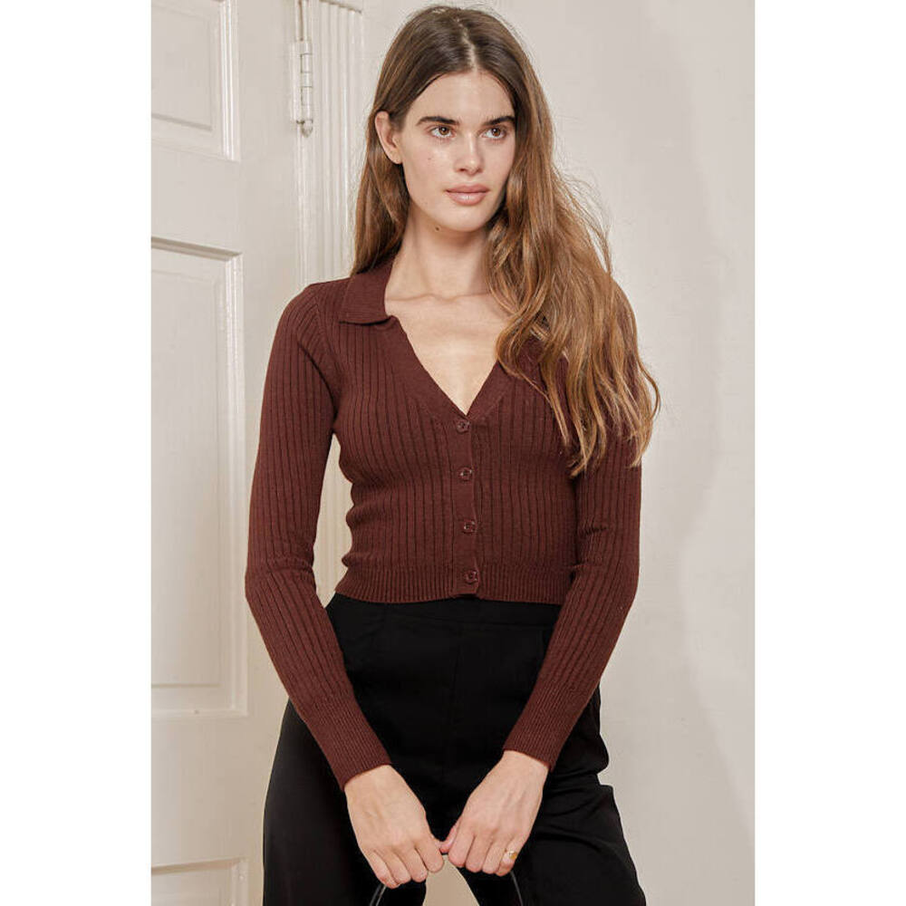 Lulus So Iconic Brown Long Sleeve Button-front Ribbed Knit Top - Size S